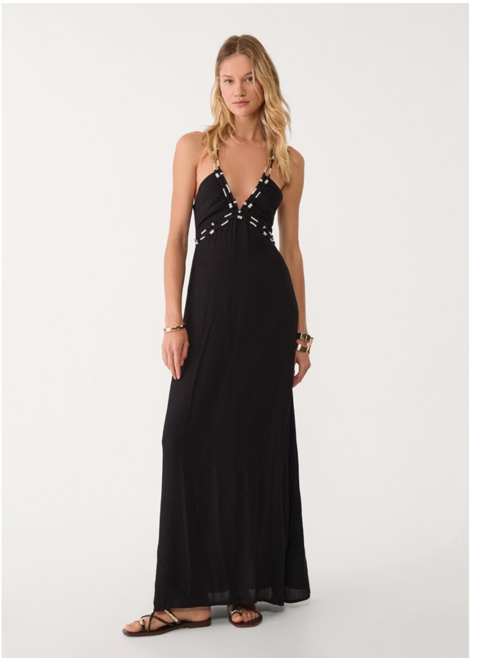 stradivarius Black Maxi Dress with Beaded Accents